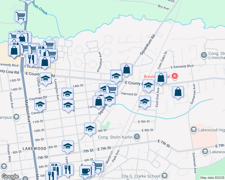 map of restaurants, bars, coffee shops, grocery stores, and more near 8 East 13th Street in Lakewood