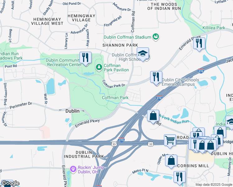 map of restaurants, bars, coffee shops, grocery stores, and more near 5200 Emerald Parkway in Dublin