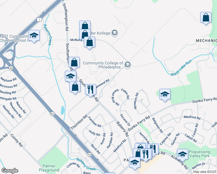 map of restaurants, bars, coffee shops, grocery stores, and more near 13015 Townsend Road in Philadelphia
