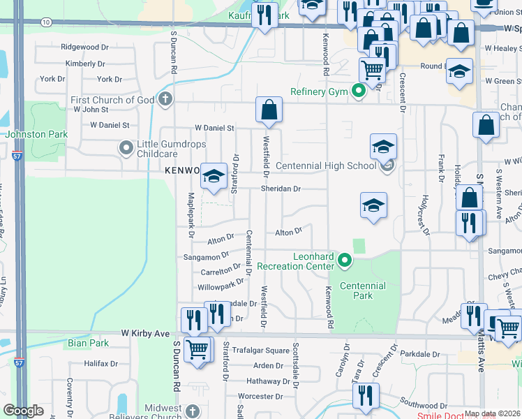 map of restaurants, bars, coffee shops, grocery stores, and more near 1107 Westfield Drive in Champaign