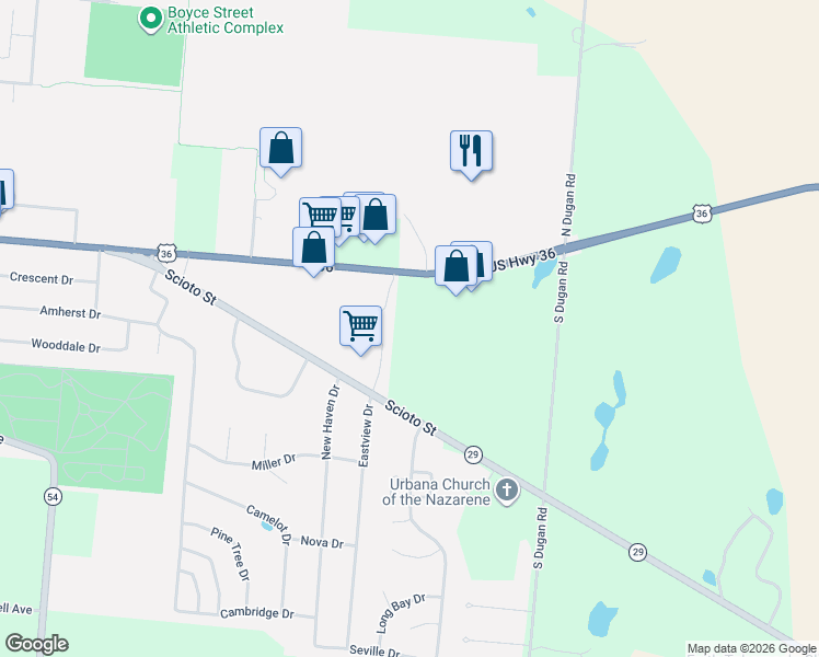 map of restaurants, bars, coffee shops, grocery stores, and more near 1749 U.S. 36 in Urbana
