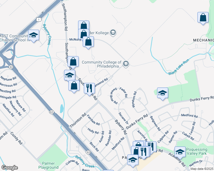 map of restaurants, bars, coffee shops, grocery stores, and more near 13015 Townsend Road in Philadelphia
