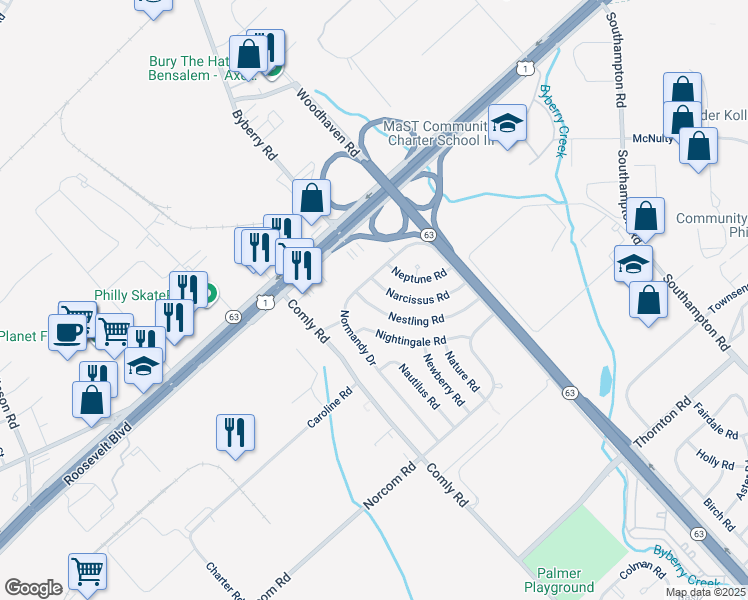 map of restaurants, bars, coffee shops, grocery stores, and more near 2802 Nestling Road in Philadelphia