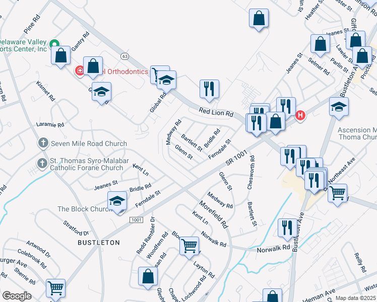 map of restaurants, bars, coffee shops, grocery stores, and more near 845 Glenn Street in Philadelphia