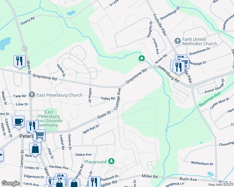 map of restaurants, bars, coffee shops, grocery stores, and more near 6328 Cottage Avenue in East Petersburg