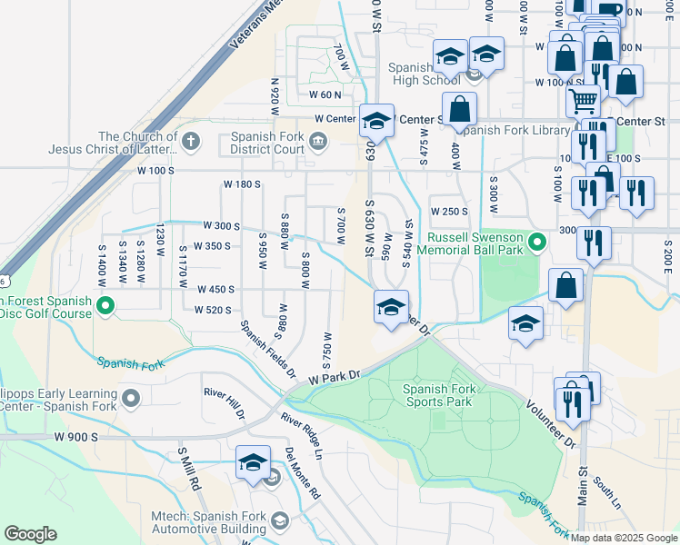 map of restaurants, bars, coffee shops, grocery stores, and more near 436 South 750 West in Spanish Fork