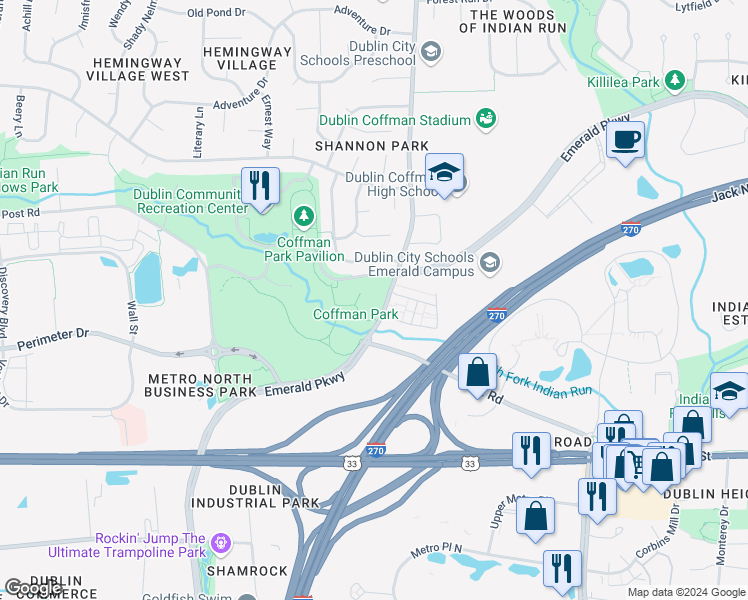 map of restaurants, bars, coffee shops, grocery stores, and more near 5200 Emerald Parkway in Dublin