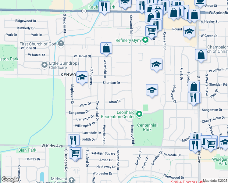 map of restaurants, bars, coffee shops, grocery stores, and more near 1012 Scottsdale Drive in Champaign