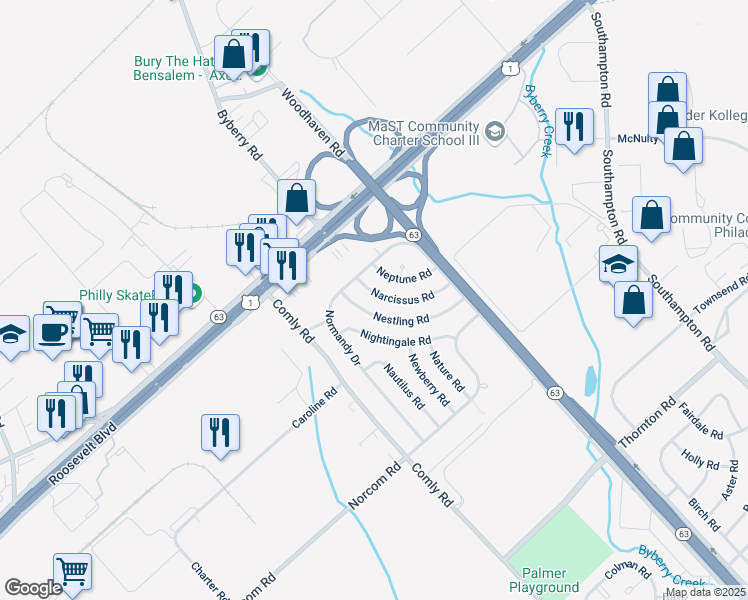 map of restaurants, bars, coffee shops, grocery stores, and more near 2817 Narcissus Road in Philadelphia