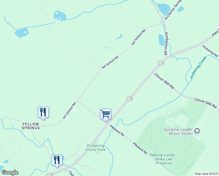 map of restaurants, bars, coffee shops, grocery stores, and more near 1490 Art School Rd in Chester Springs