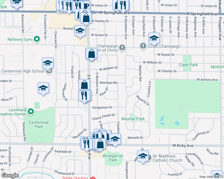 map of restaurants, bars, coffee shops, grocery stores, and more near 1607 Oxford Drive in Champaign