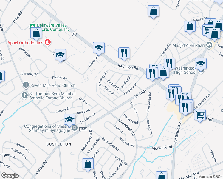 map of restaurants, bars, coffee shops, grocery stores, and more near 845 Glenn Street in Philadelphia