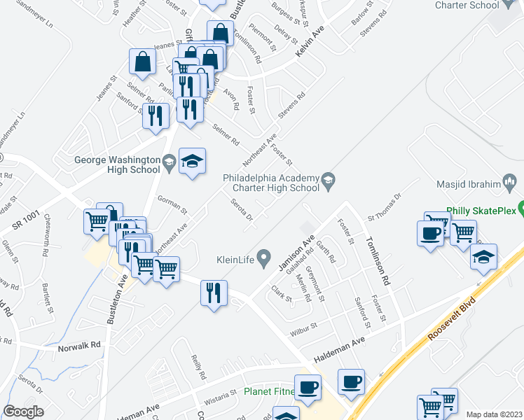map of restaurants, bars, coffee shops, grocery stores, and more near 10192 Dedaker Drive in Philadelphia
