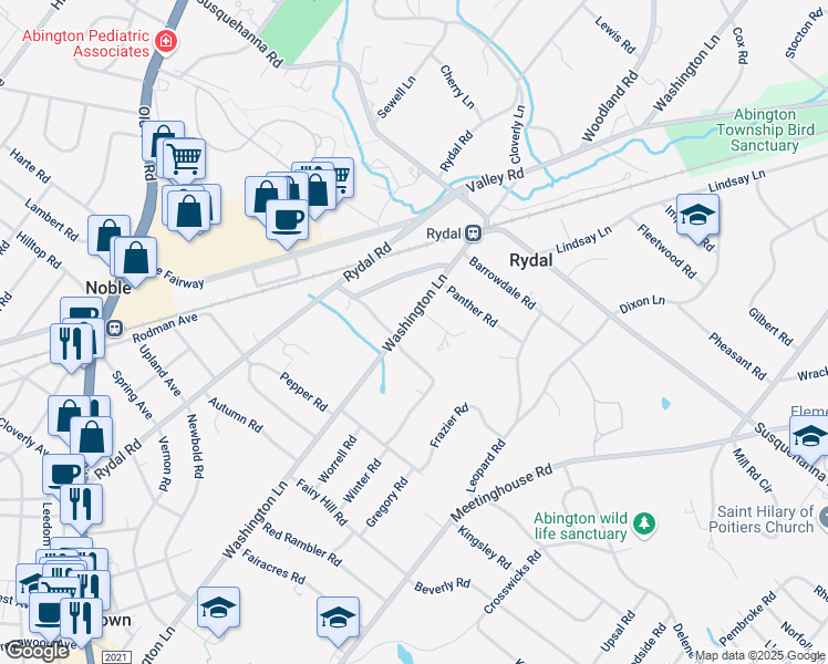 map of restaurants, bars, coffee shops, grocery stores, and more near 1011 Washington Lane in Rydal