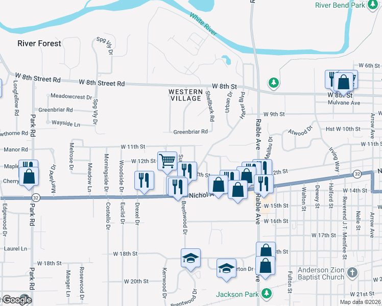 map of restaurants, bars, coffee shops, grocery stores, and more near 1137 Harter Boulevard in Anderson