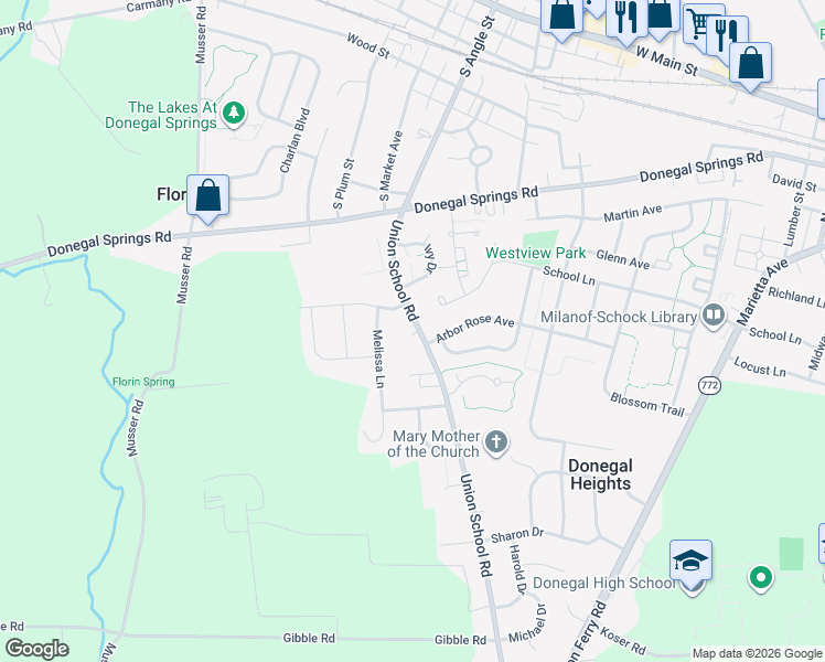 map of restaurants, bars, coffee shops, grocery stores, and more near 562 Union School Road in Mount Joy