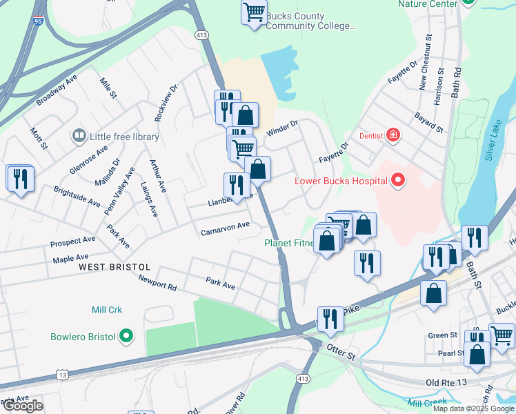map of restaurants, bars, coffee shops, grocery stores, and more near 713 Veterans Highway in Bristol