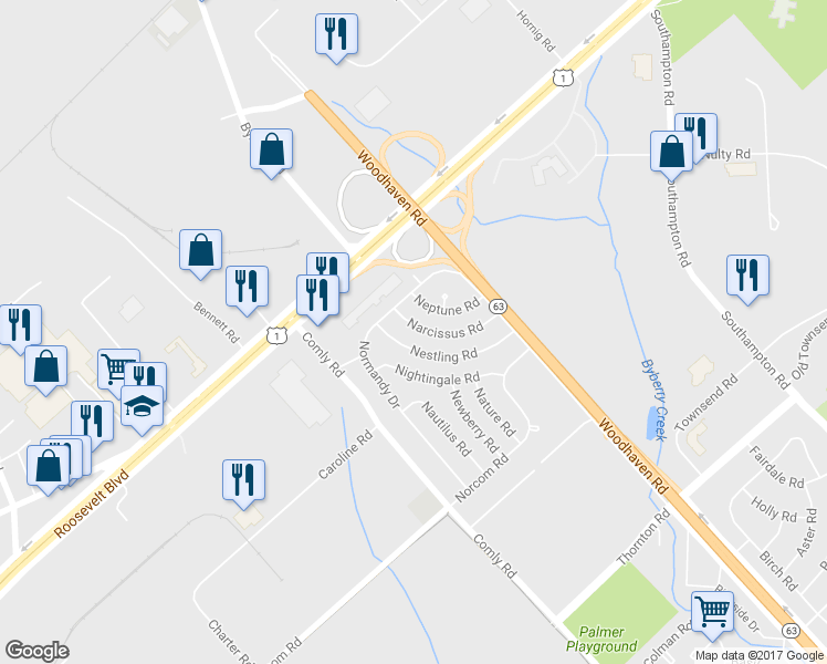 map of restaurants, bars, coffee shops, grocery stores, and more near 2817 Narcissus Road in Philadelphia