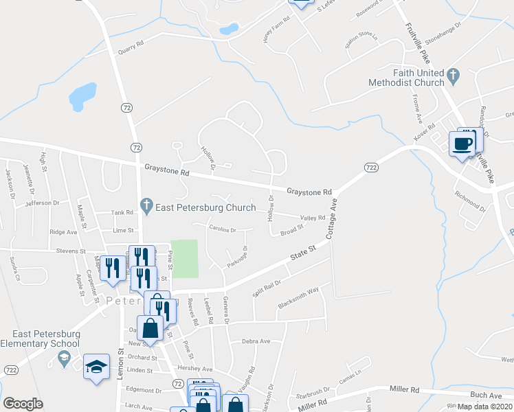 map of restaurants, bars, coffee shops, grocery stores, and more near 2477 Valley Road in East Petersburg