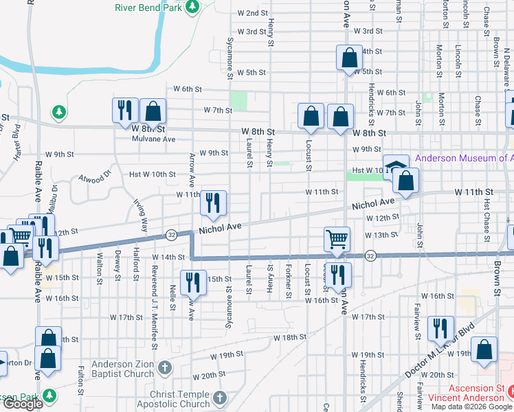 map of restaurants, bars, coffee shops, grocery stores, and more near 1504 West 12th Street in Anderson
