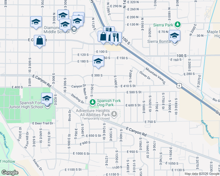 map of restaurants, bars, coffee shops, grocery stores, and more near 1330 East 410 South Street in Spanish Fork
