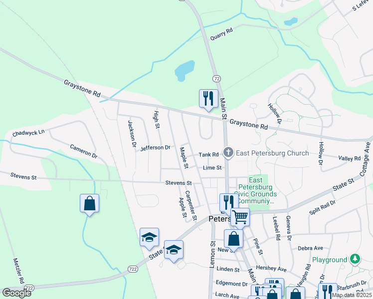 map of restaurants, bars, coffee shops, grocery stores, and more near 6350 Lemon Street in East Petersburg