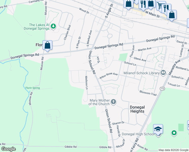 map of restaurants, bars, coffee shops, grocery stores, and more near 562 Union School Road in Mount Joy