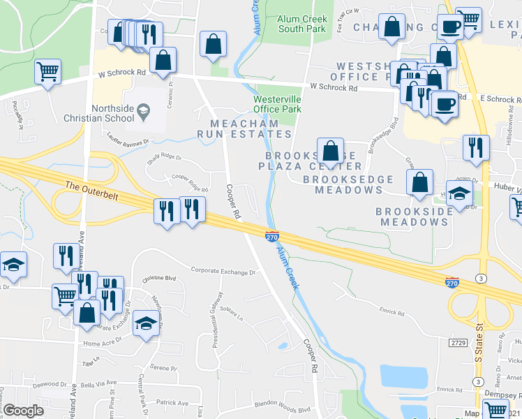 map of restaurants, bars, coffee shops, grocery stores, and more near 6524 Cooper Meadows Road in Westerville