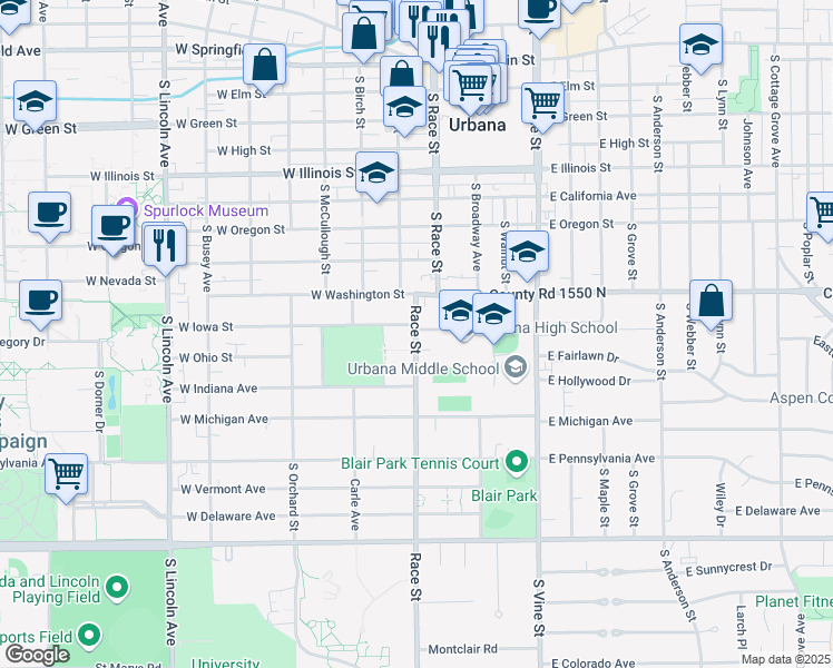 map of restaurants, bars, coffee shops, grocery stores, and more near in Urbana