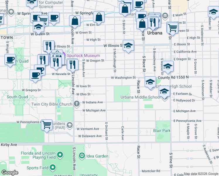map of restaurants, bars, coffee shops, grocery stores, and more near 1005 Douglas Avenue in Urbana
