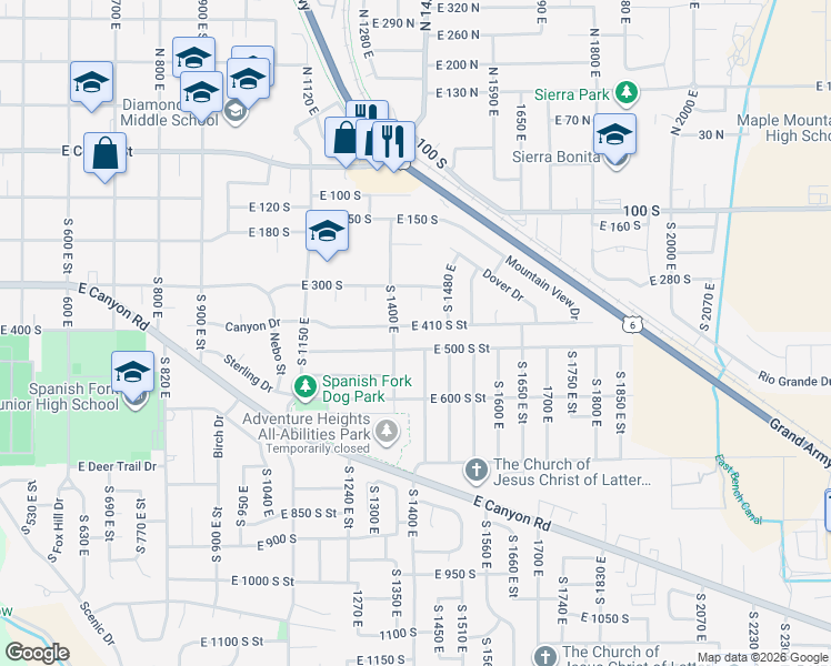 map of restaurants, bars, coffee shops, grocery stores, and more near 1434 East 410 South Street in Spanish Fork
