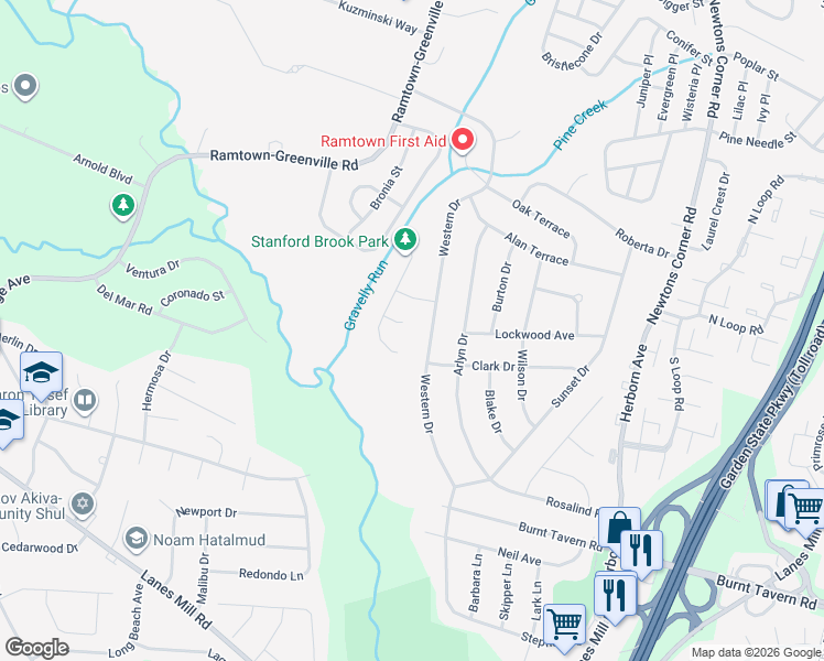 map of restaurants, bars, coffee shops, grocery stores, and more near 41 Western Drive in Howell Township