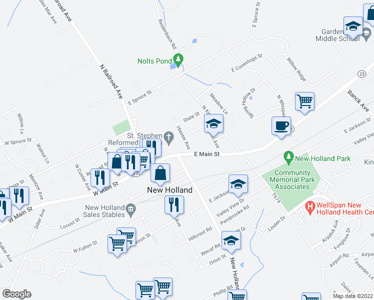 map of restaurants, bars, coffee shops, grocery stores, and more near 315 East Main Street in New Holland