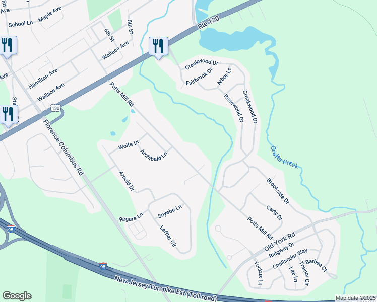 map of restaurants, bars, coffee shops, grocery stores, and more near 1033 Potts Mill Road in Bordentown