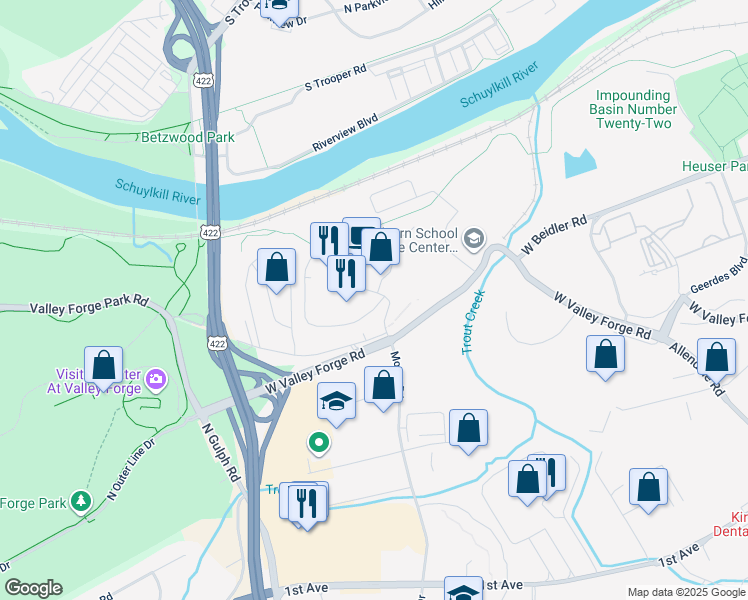 map of restaurants, bars, coffee shops, grocery stores, and more near 2000 Valley Forge Circle in King of Prussia