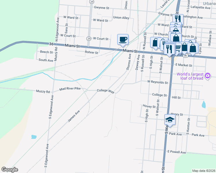 map of restaurants, bars, coffee shops, grocery stores, and more near 601-607 College Way in Urbana