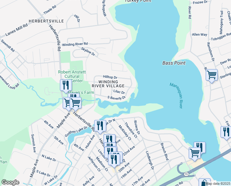 map of restaurants, bars, coffee shops, grocery stores, and more near 136 Lilac Drive in Brick Township