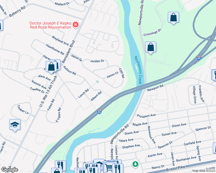 map of restaurants, bars, coffee shops, grocery stores, and more near 739 Cliff Road in Bensalem
