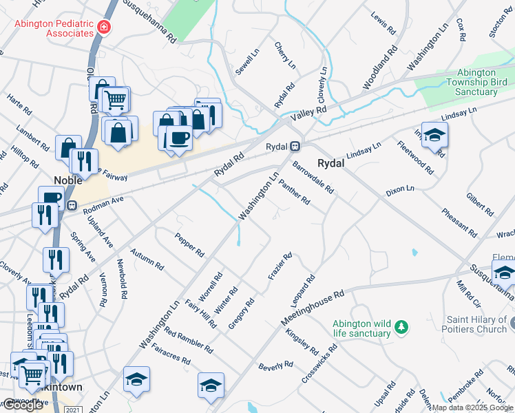map of restaurants, bars, coffee shops, grocery stores, and more near 1011 Washington Lane in Rydal