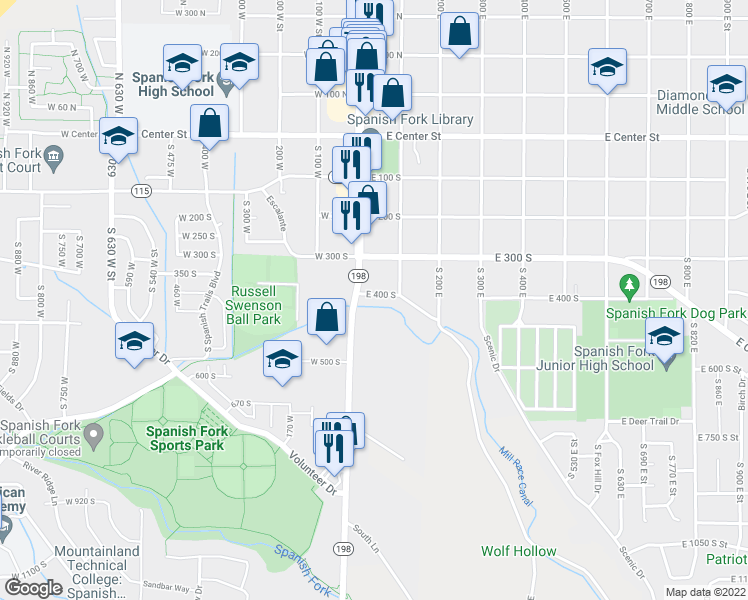 map of restaurants, bars, coffee shops, grocery stores, and more near 24 East 400 South in Spanish Fork