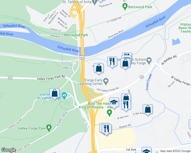 map of restaurants, bars, coffee shops, grocery stores, and more near 1101 Penn Circle in King of Prussia