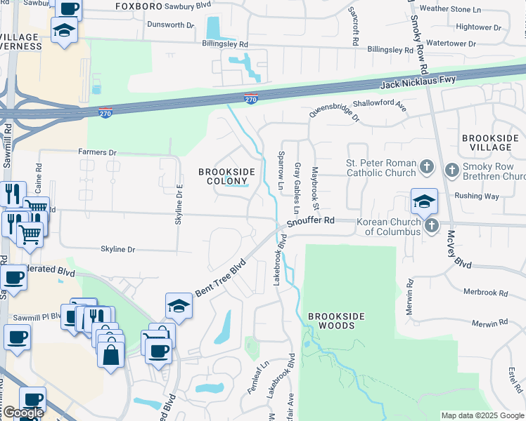 map of restaurants, bars, coffee shops, grocery stores, and more near 2223 Sunleaf Court in Columbus