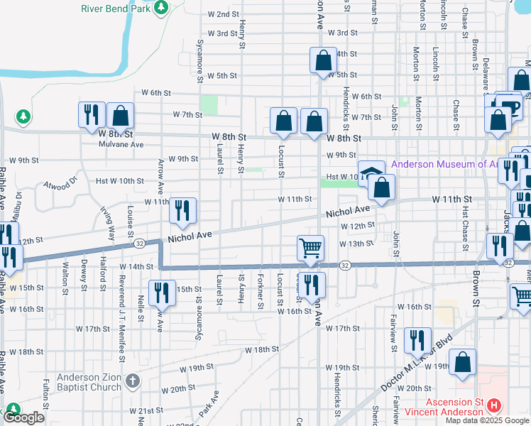 map of restaurants, bars, coffee shops, grocery stores, and more near 1222 Nichol Avenue in Anderson