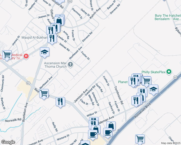map of restaurants, bars, coffee shops, grocery stores, and more near 1702 Nathaniel Drive in Philadelphia