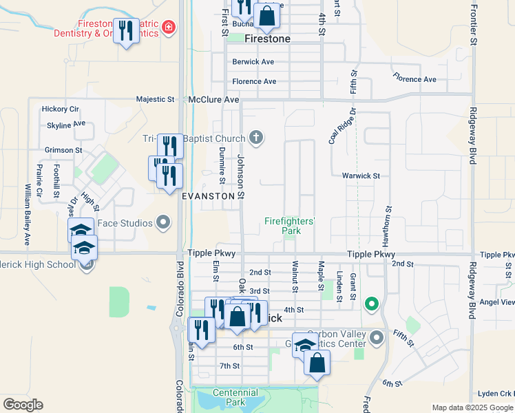 map of restaurants, bars, coffee shops, grocery stores, and more near 202 Johnson Street in Frederick