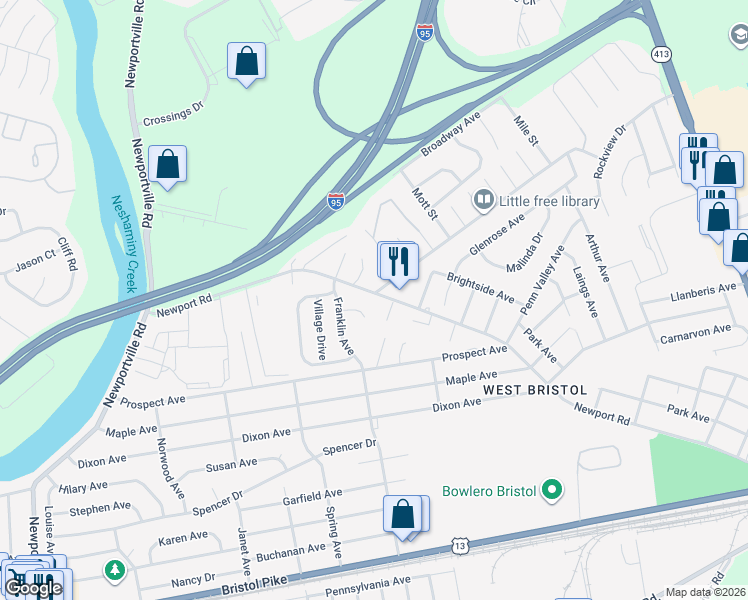 map of restaurants, bars, coffee shops, grocery stores, and more near 2123 Heritage Court in Croydon