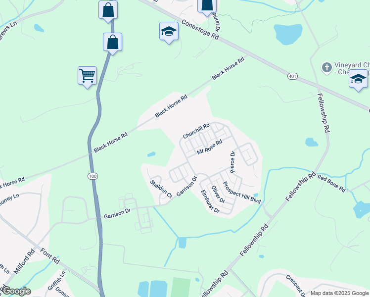 map of restaurants, bars, coffee shops, grocery stores, and more near 702 Churchill Road in Chester Springs