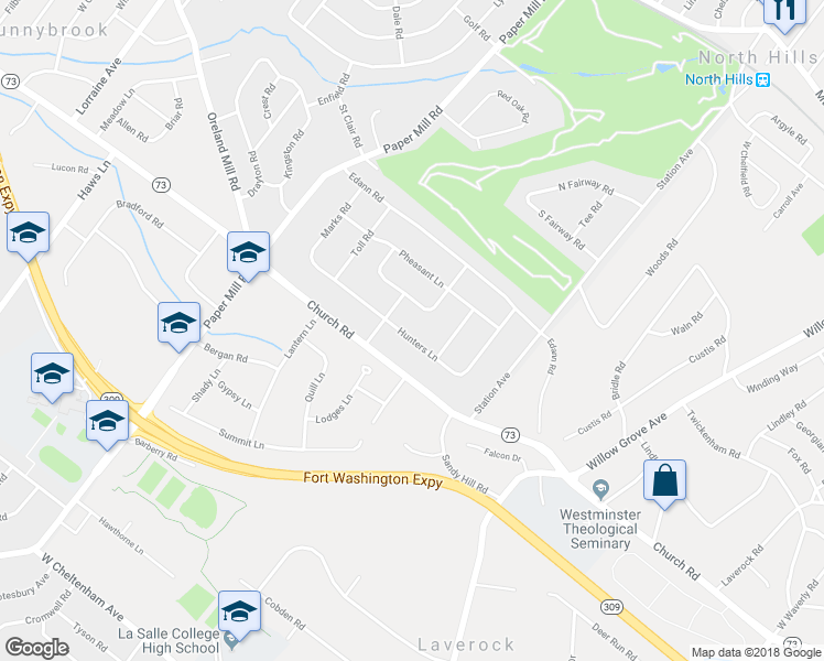 map of restaurants, bars, coffee shops, grocery stores, and more near 909 Hunters Lane in Oreland