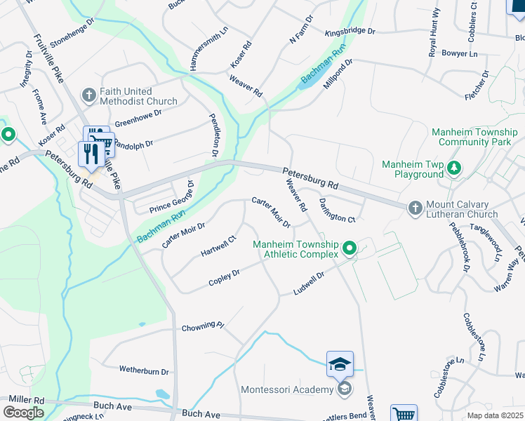 map of restaurants, bars, coffee shops, grocery stores, and more near 330 Carter Moir Drive in Lancaster