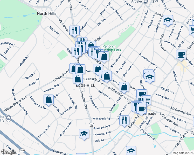 map of restaurants, bars, coffee shops, grocery stores, and more near 437 West Glenside Avenue in Glenside